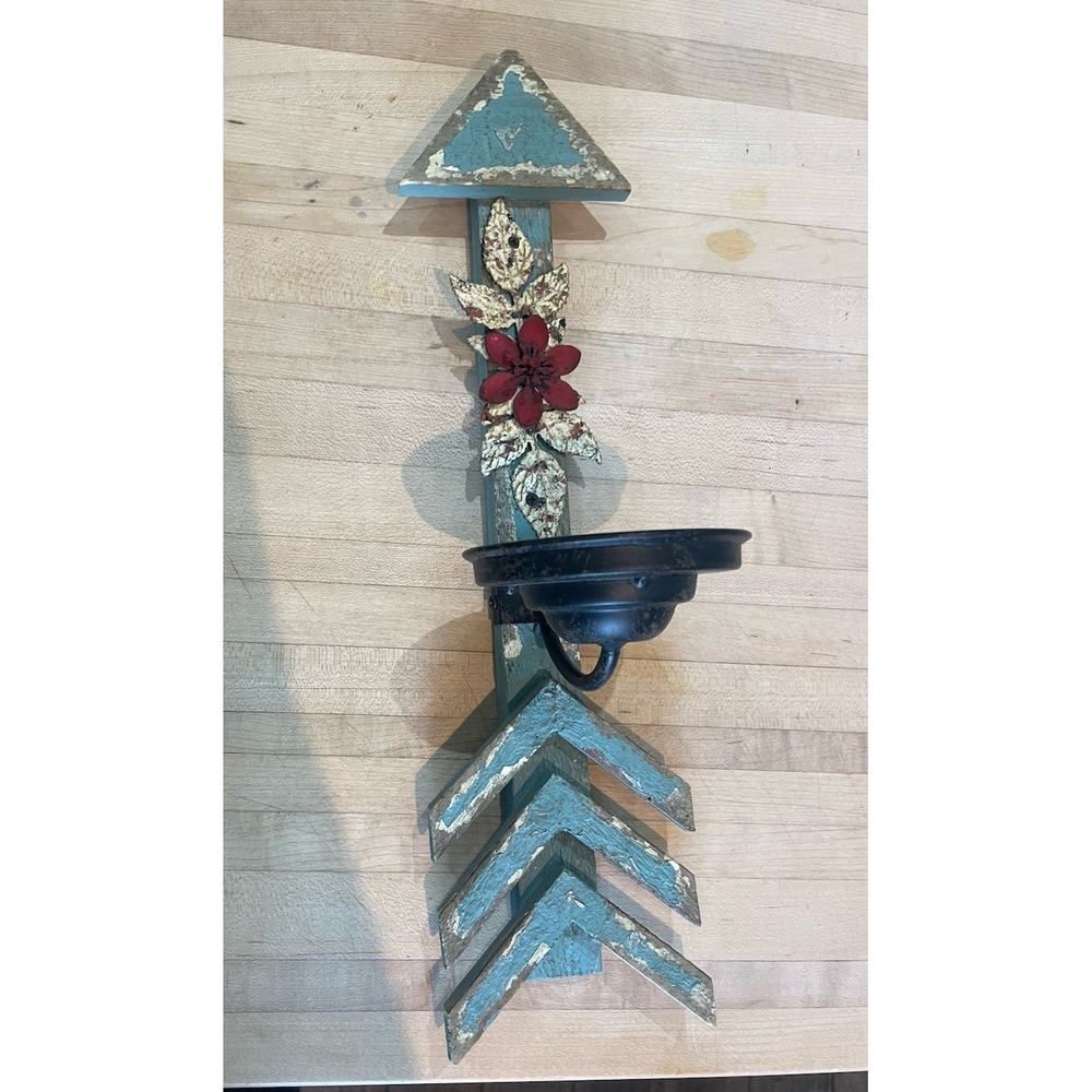 Folk Art Wood Arrow Shaped Candle Sconce Metal Flower Motif & Folding Cup 15.5"